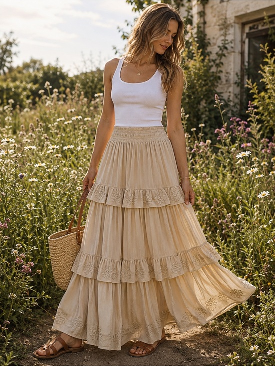 Joie Dresses & Skirts - Joie Beige Tiered Maxi Skirt with Embroidered Trim